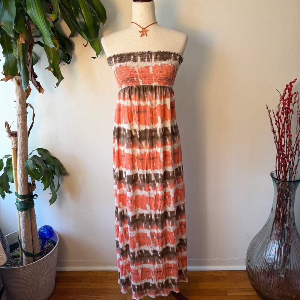 Mudd Y2k Coral Brown Tie Dye Strapless Smocked Maxi Dress XL